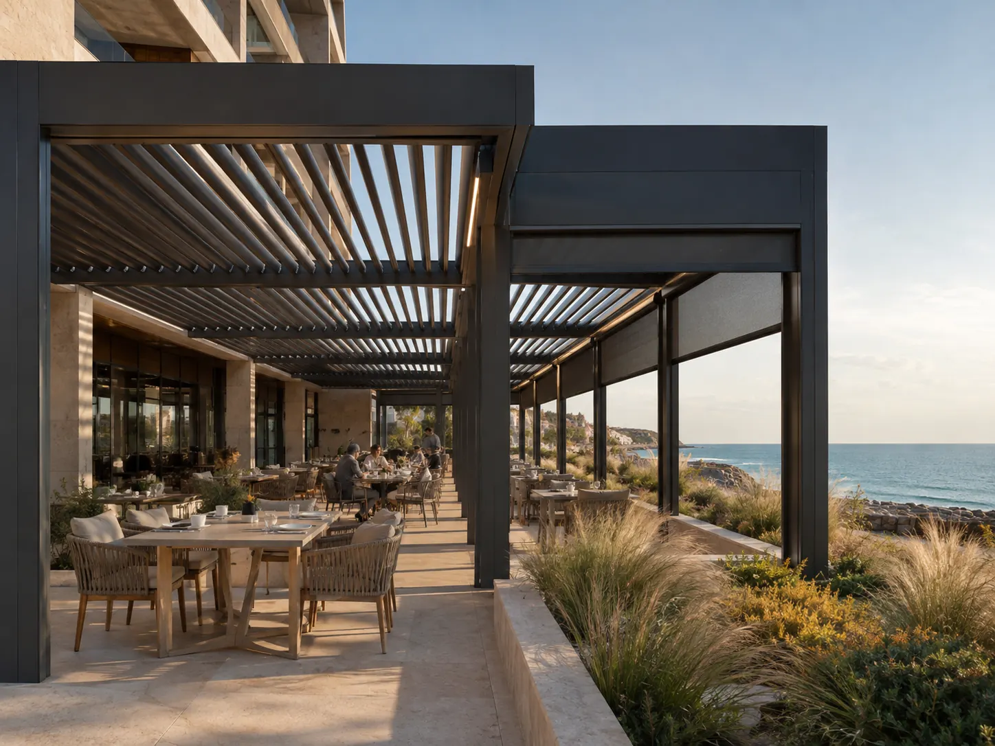 Modular louvered pergola bays at an original coastal hotel terrace